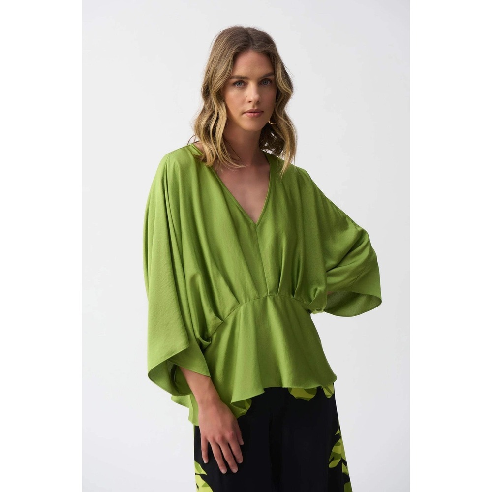 Joseph Ribkoff Lime Green Satin V-Neck Dolman Sleeve Pleated Ruffle Blouse 10